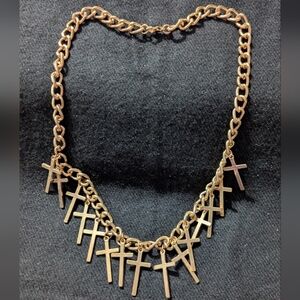 Gold Tone Cross Charm Pendant Statement Necklace